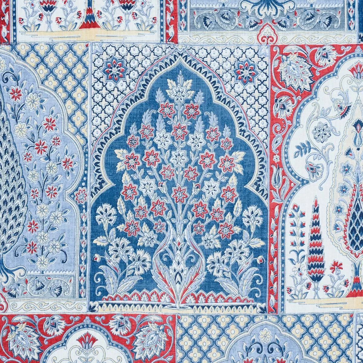 Schumacher 181311 Barra Palace Indigo & Crimson fabric swatch