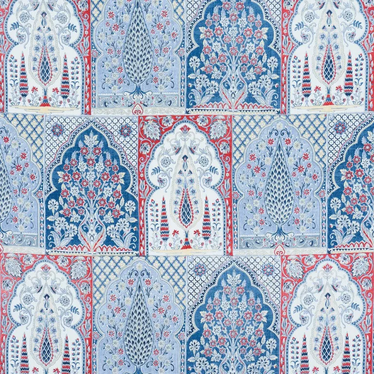 Schumacher 181311 Barra Palace Indigo & Crimson fabric swatch