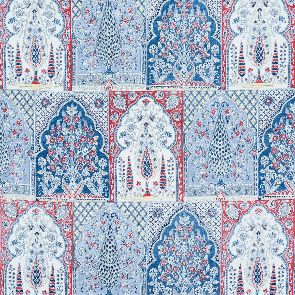 Schumacher 181311 Barra Palace Indigo & Crimson fabric swatch