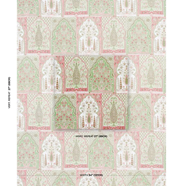 Schumacher 181312 Barra Palace Pink & Green fabric swatch