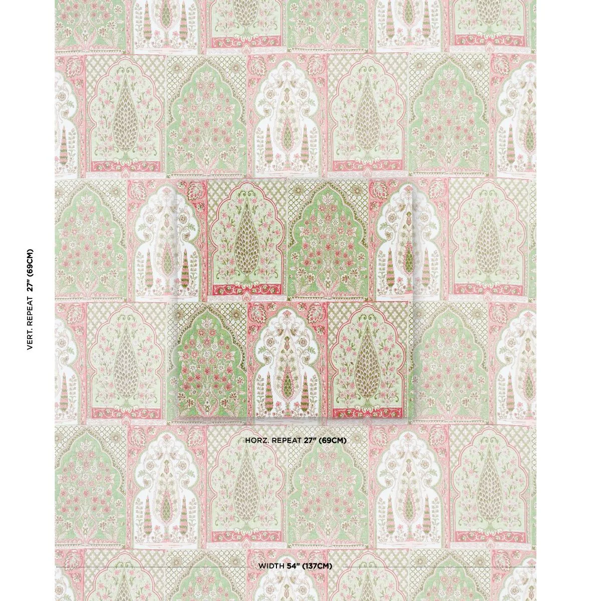Schumacher 181312 Barra Palace Pink & Green fabric swatch