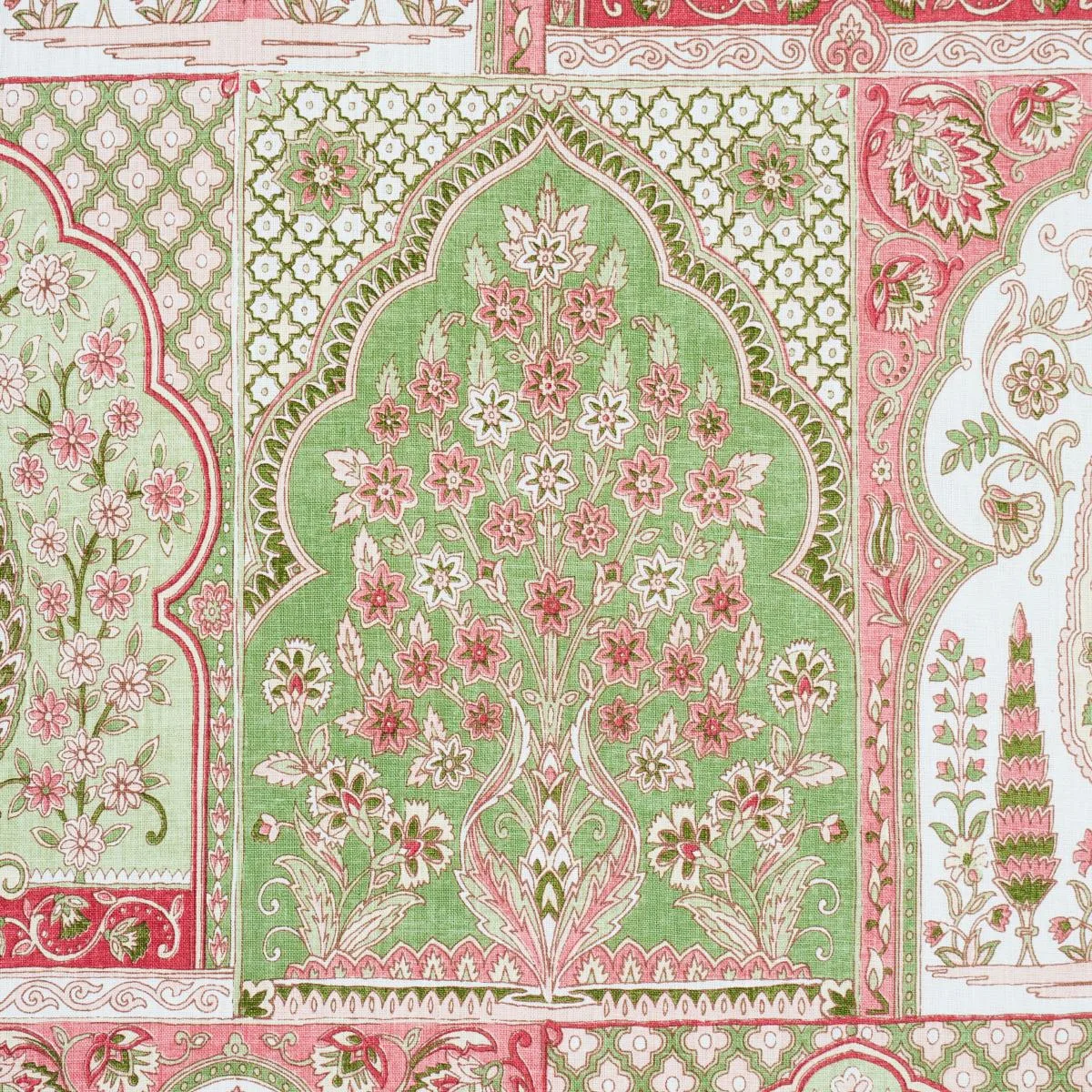 Schumacher 181312 Barra Palace Pink & Green fabric swatch