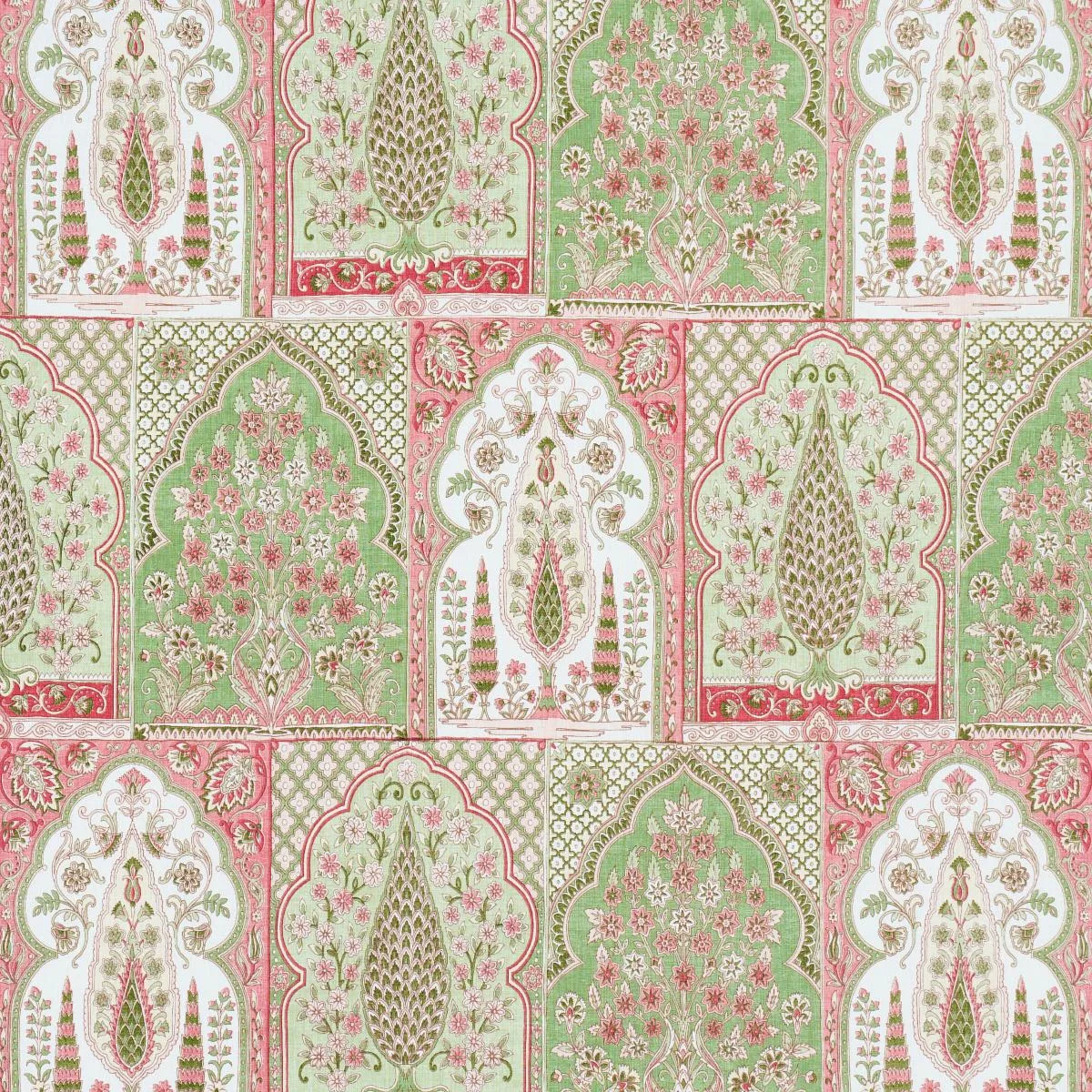 Schumacher 181312 Barra Palace Pink & Green fabric swatch