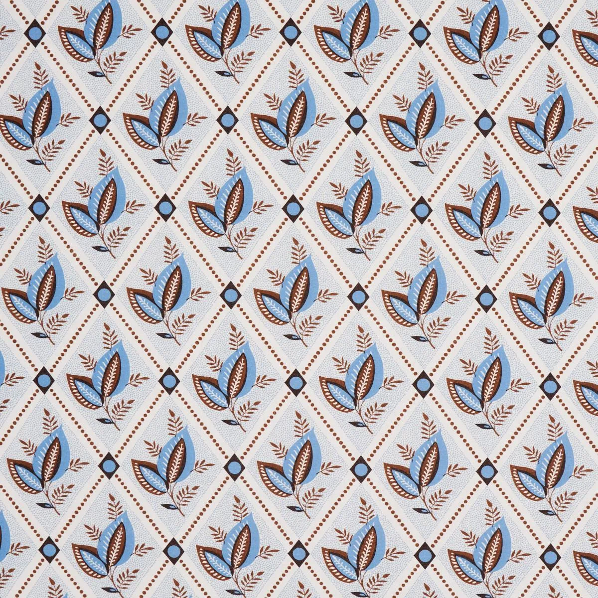Schumacher 180573 Basile Trellis Delft & Sepia fabric swatch