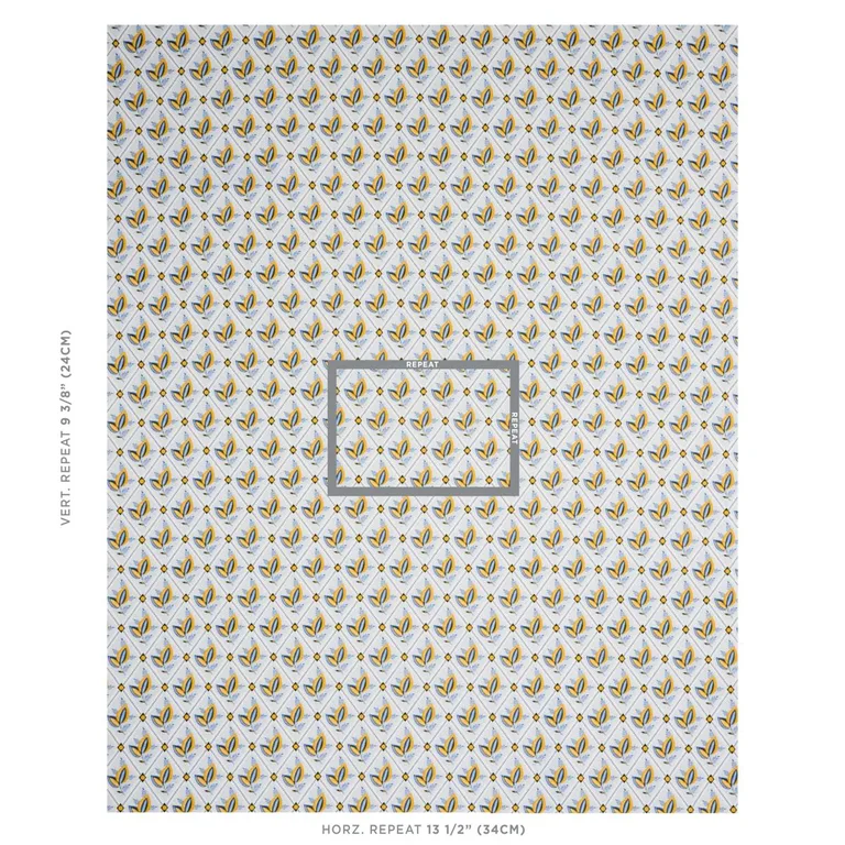 Schumacher 180572 Basile Trellis Yellow & Blue fabric swatch