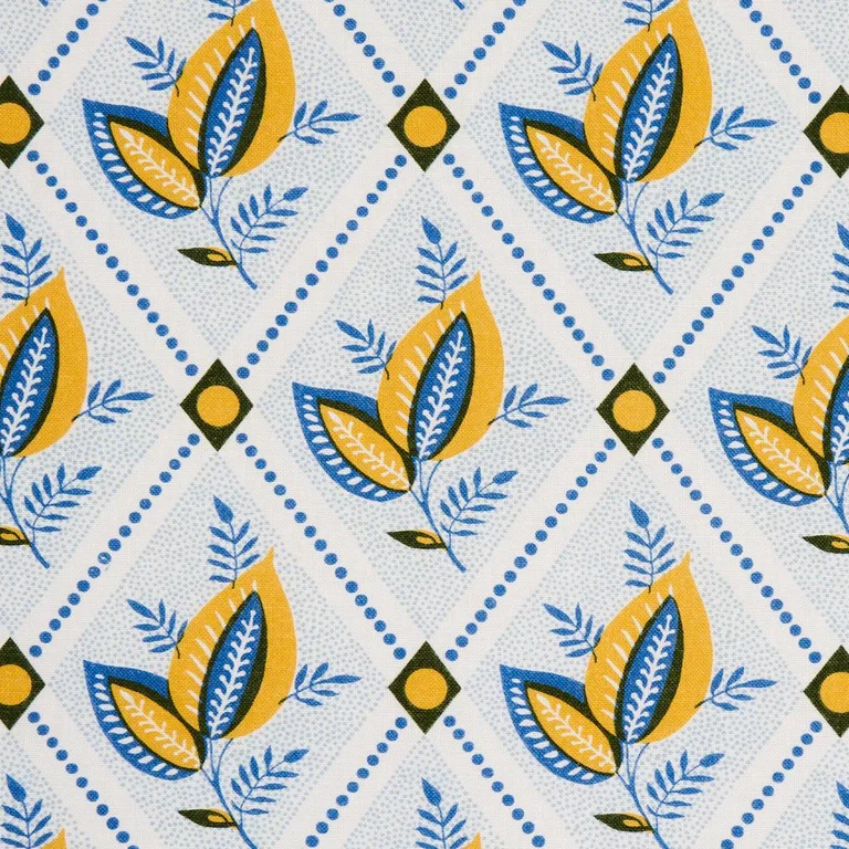 Schumacher 180572 Basile Trellis Yellow & Blue fabric swatch