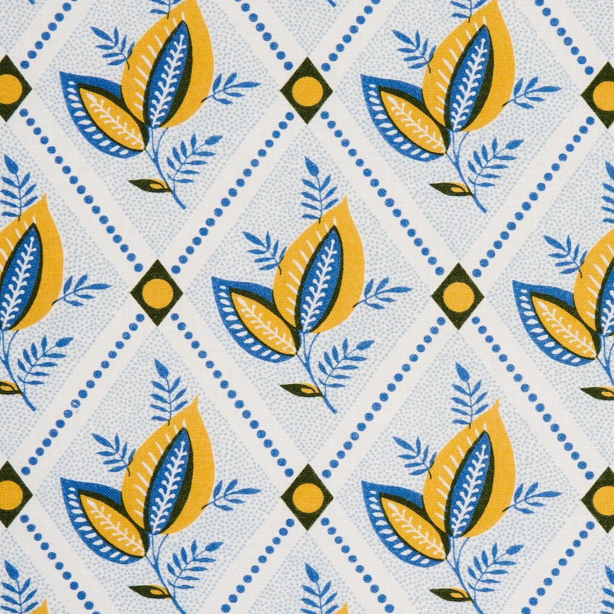Schumacher 180572 Basile Trellis Yellow & Blue fabric swatch