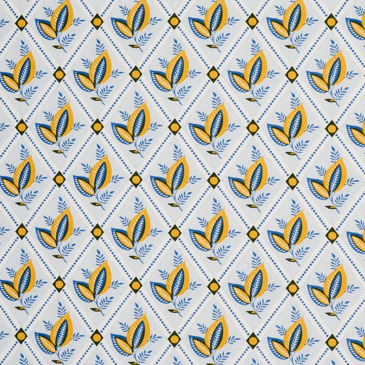 Schumacher 180572 Basile Trellis Yellow & Blue fabric swatch