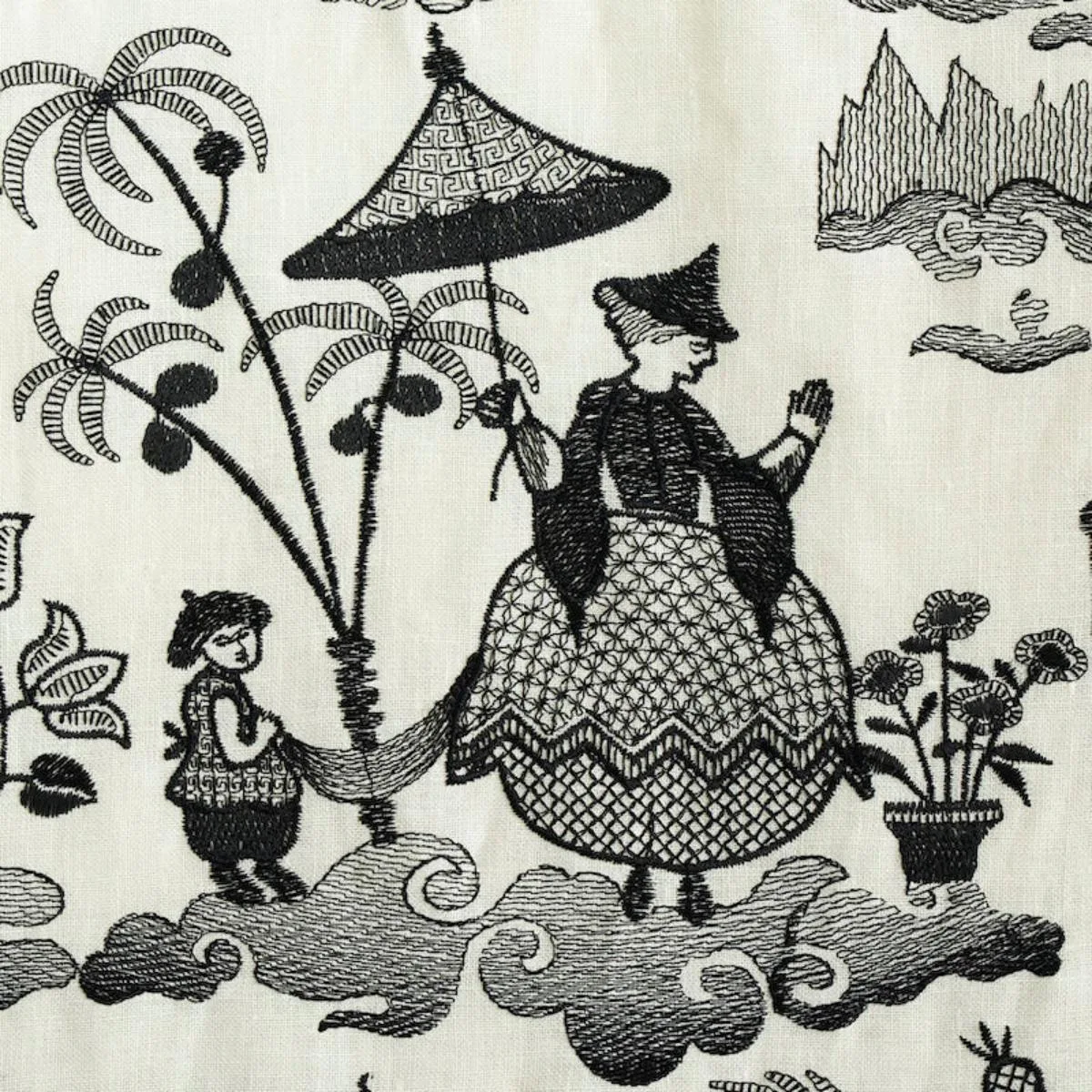 Schumacher 66602 Bassano Embroidered Toile Black fabric swatch