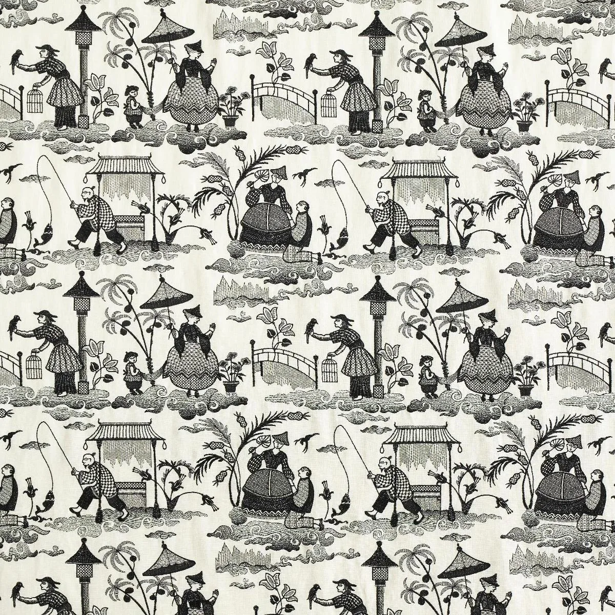 Schumacher 66602 Bassano Embroidered Toile Black fabric swatch
