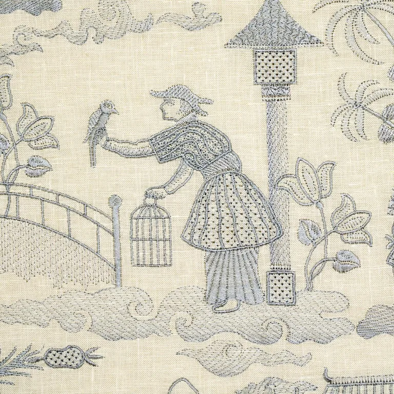 Schumacher 66600 Bassano Embroidered Toile Delft fabric swatch