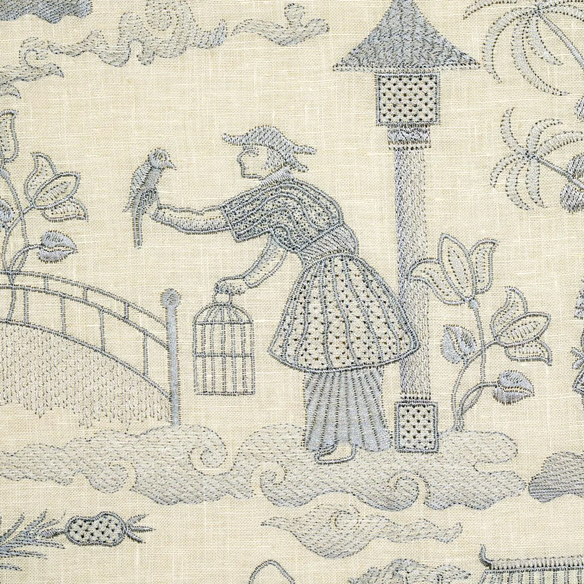 Schumacher 66600 Bassano Embroidered Toile Delft fabric swatch