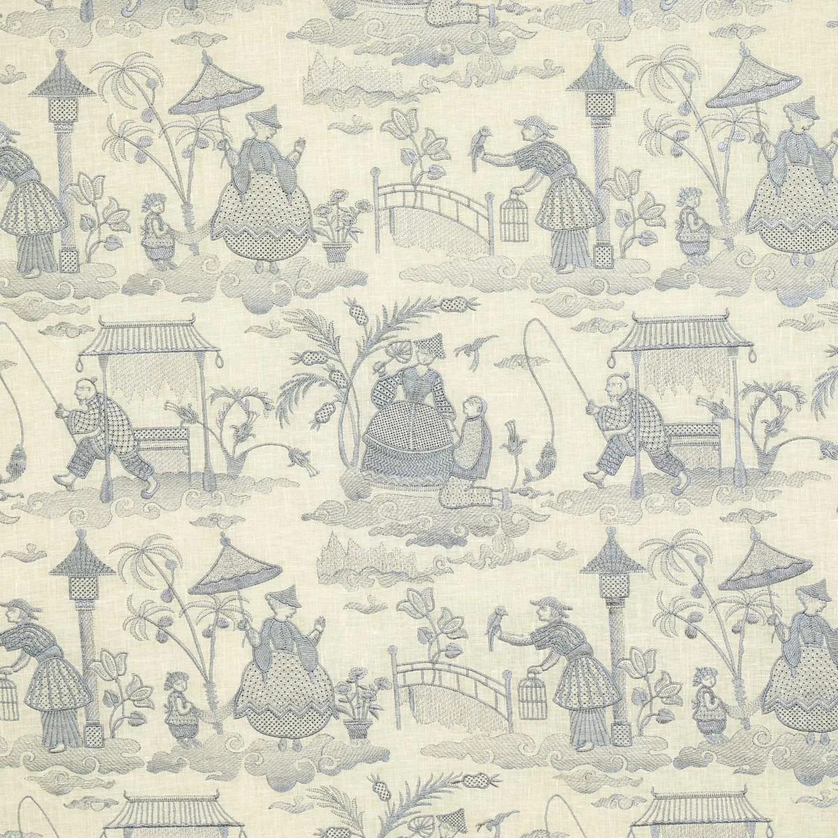 Schumacher 66600 Bassano Embroidered Toile Delft fabric swatch