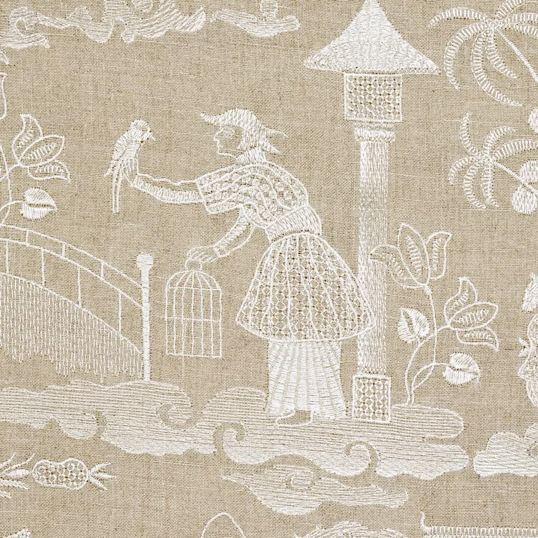 Schumacher 66601 Bassano Embroidered Toile Linen fabric swatch