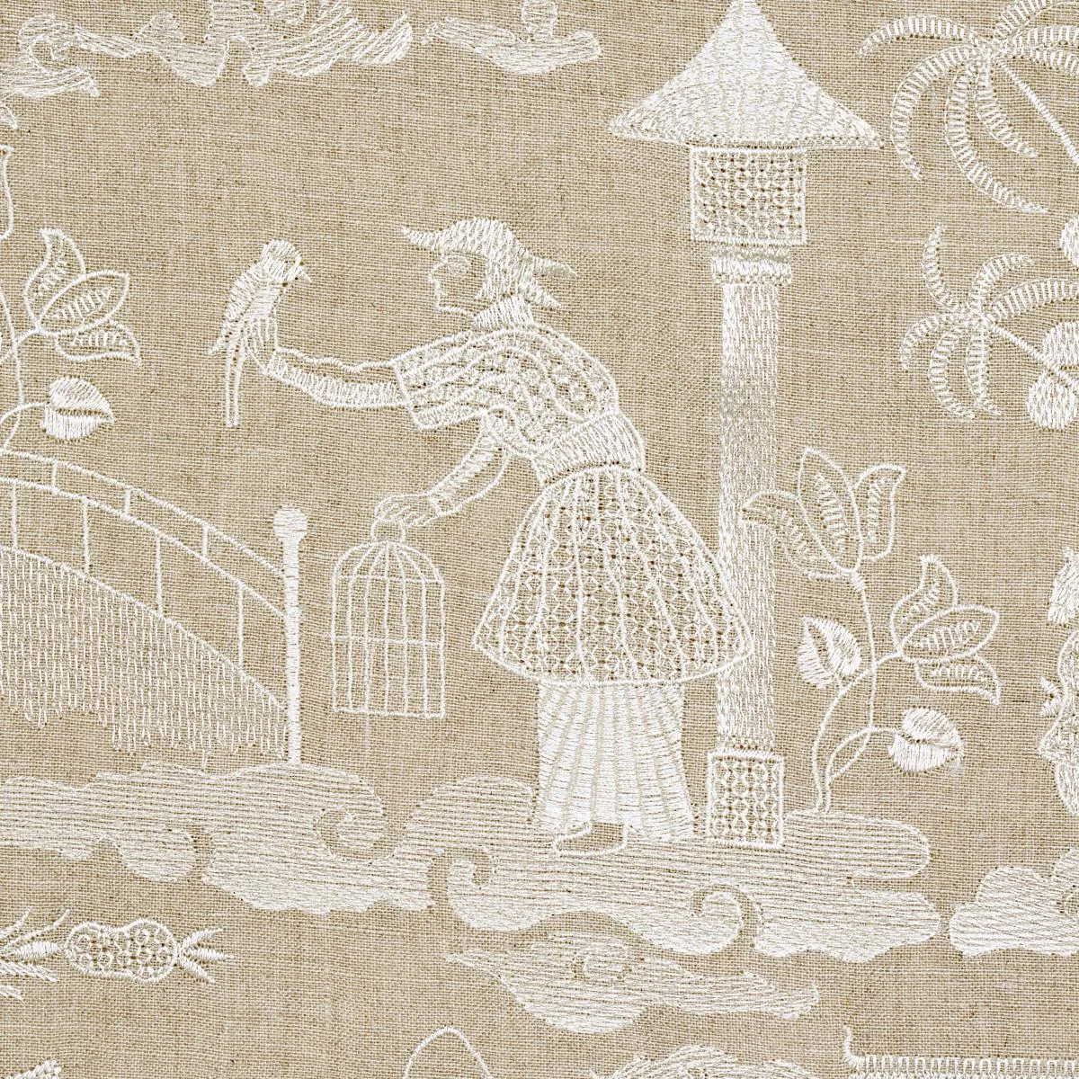 Schumacher 66601 Bassano Embroidered Toile Linen fabric swatch