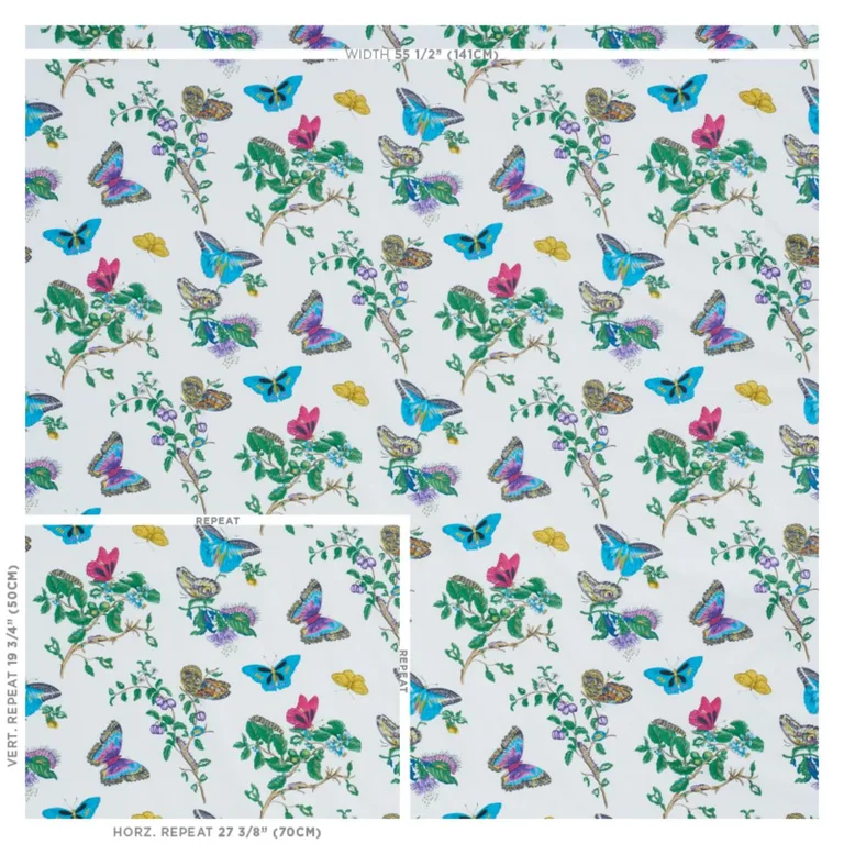 Schumacher 178721 Baudin Butterfly Chintz Turquoise fabric swatch