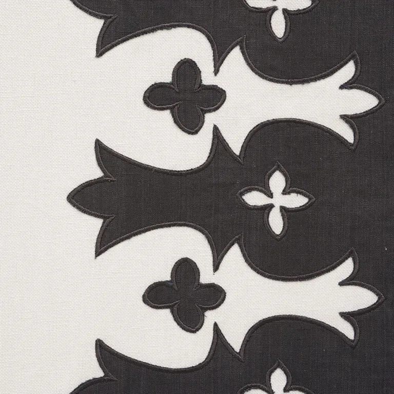 Schumacher 74181 Bergama Appliqué Carbon & Ivory fabric swatch