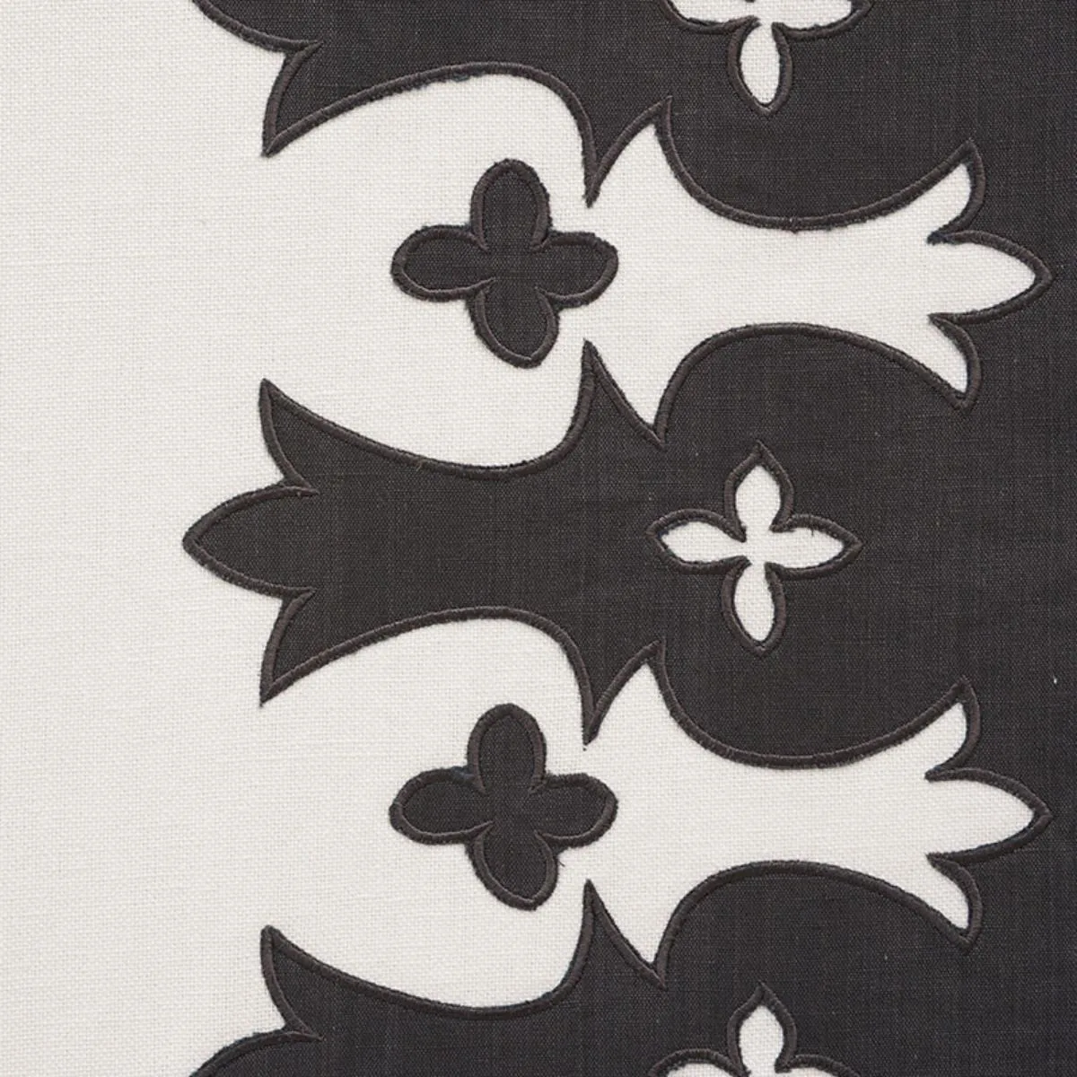 Schumacher 74181 Bergama Appliqué Carbon & Ivory fabric swatch