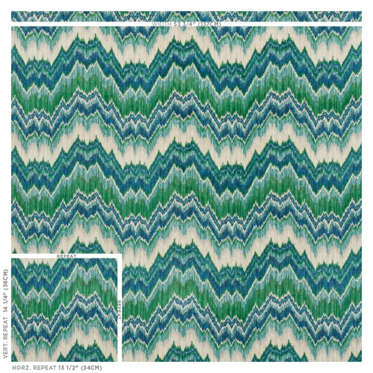 Schumacher 78791 Bezique Flamestitch Velvet Blue & Green fabric swatch