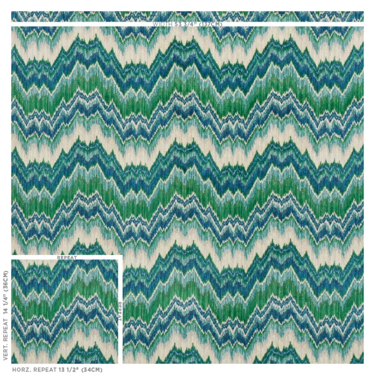 Schumacher 78791 Bezique Flamestitch Velvet Blue & Green fabric swatch