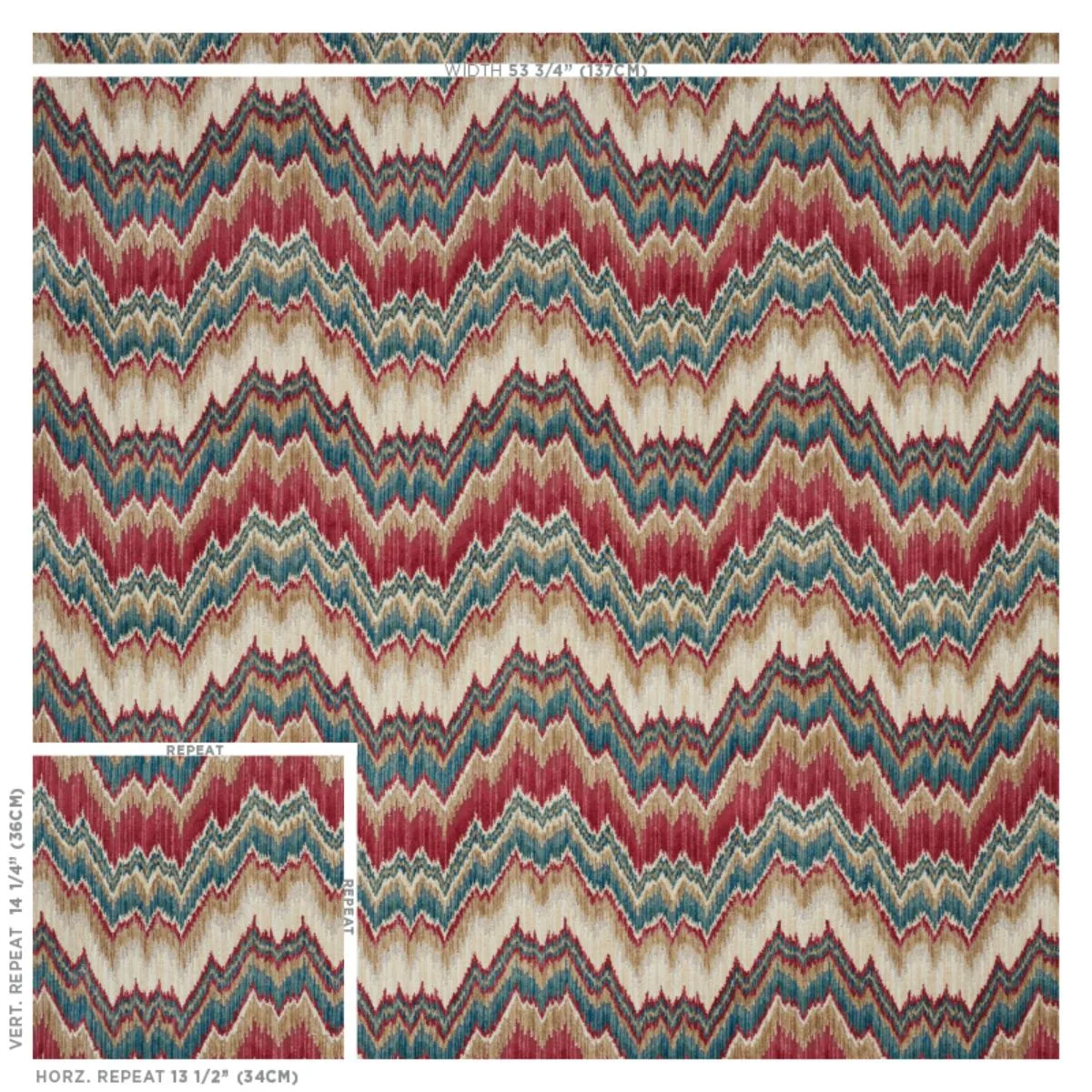 Schumacher 78790 Bezique Flamestitch Velvet Red & Peacock fabric swatch