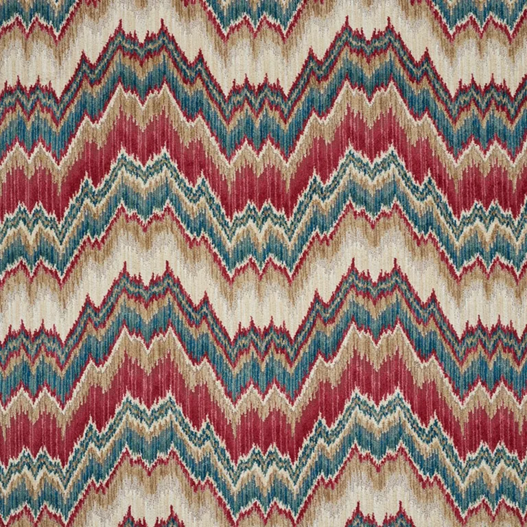 Schumacher 78790 Bezique Flamestitch Velvet Red & Peacock fabric swatch