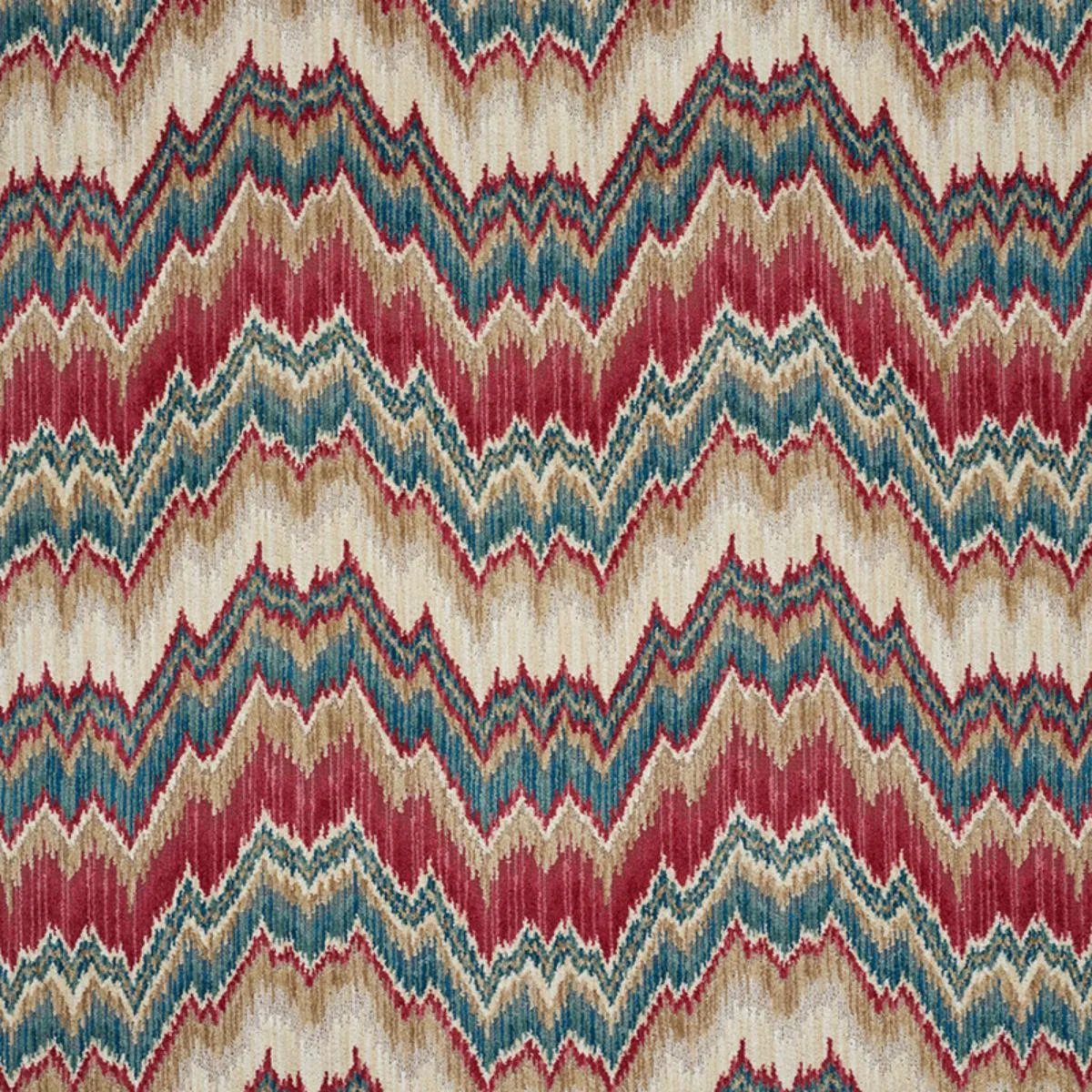 Schumacher 78790 Bezique Flamestitch Velvet Red & Peacock fabric swatch