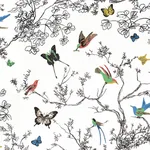 Schumacher 174760 Birds & Butterflies Multi On White fabric swatch