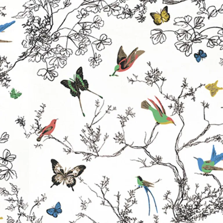 Schumacher 174760 Birds & Butterflies Multi On White fabric swatch