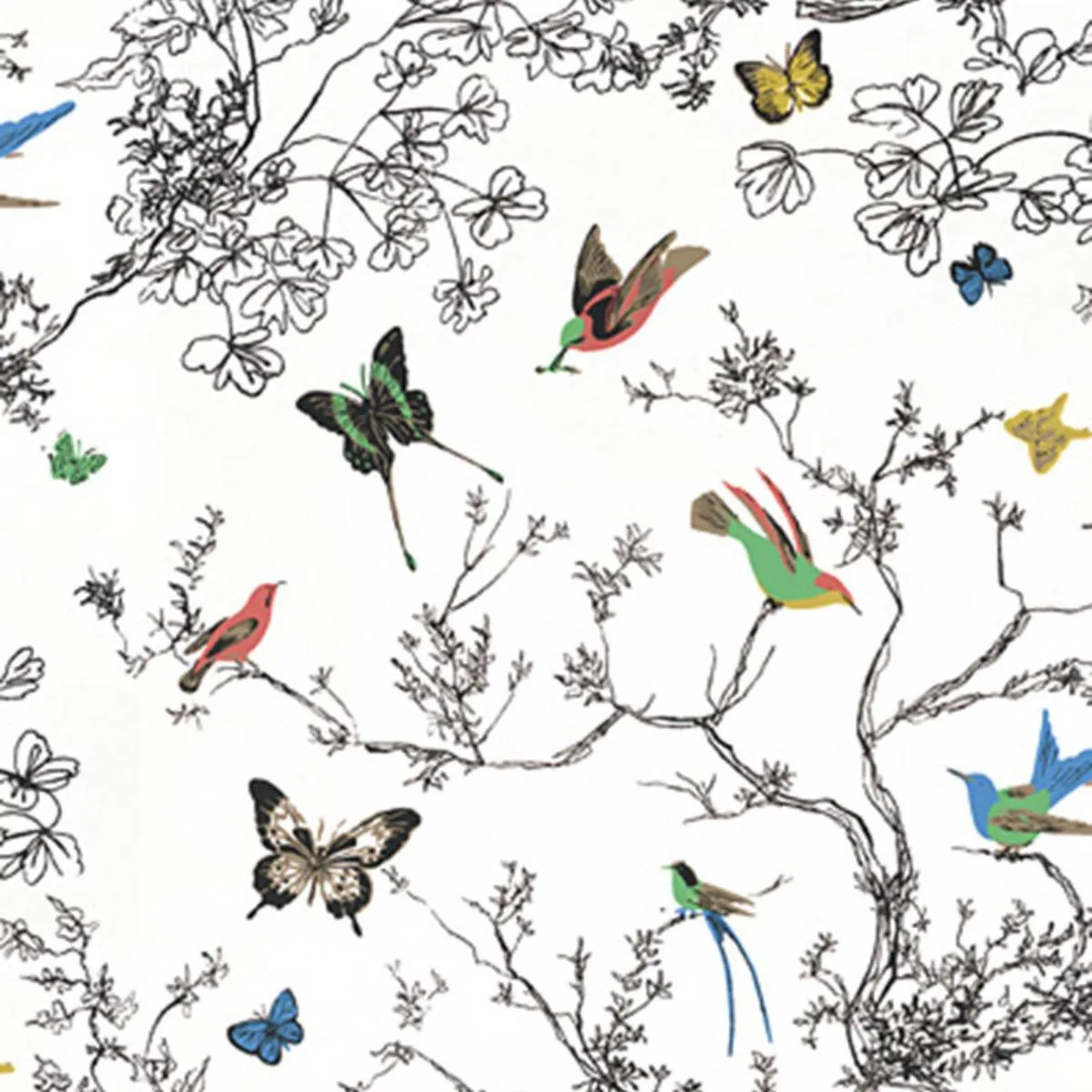 Schumacher 174760 Birds & Butterflies Multi On White fabric swatch