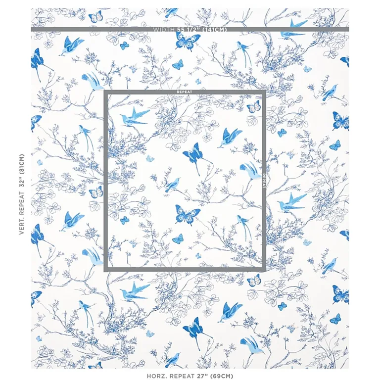 Schumacher 174761 Birds & Butterflies Porcelain fabric swatch