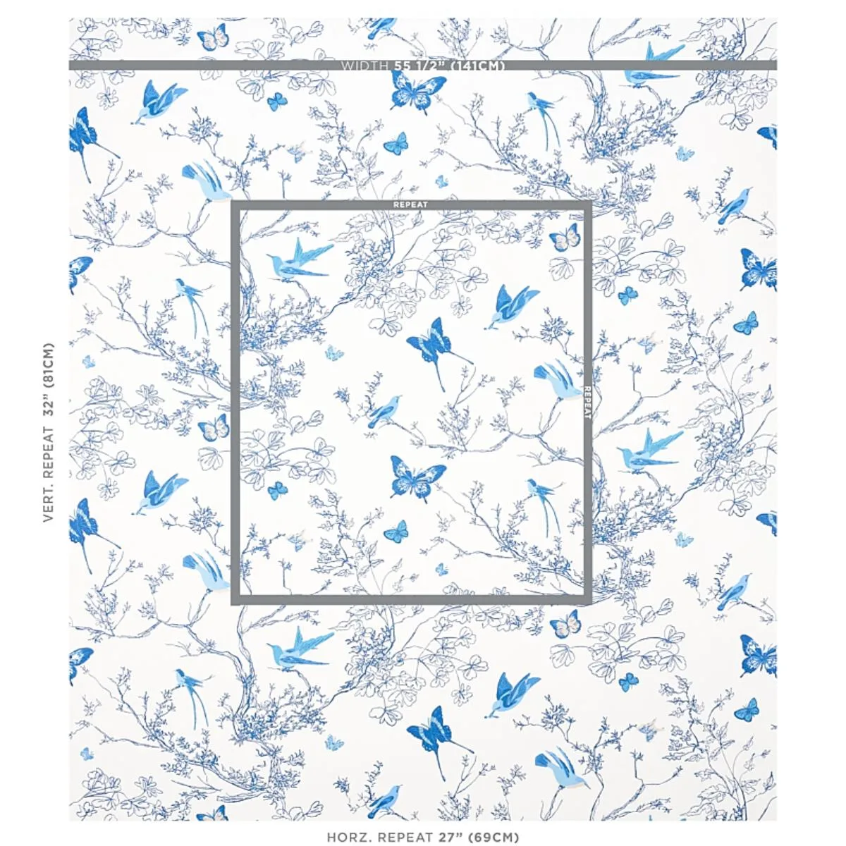 Schumacher 174761 Birds & Butterflies Porcelain fabric swatch