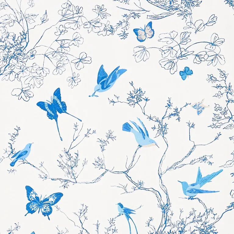 Schumacher 174761 Birds & Butterflies Porcelain fabric swatch