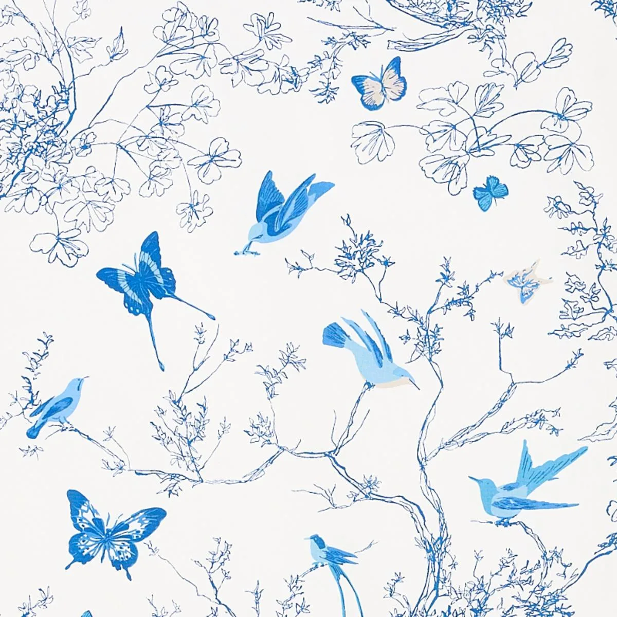 Schumacher 174761 Birds & Butterflies Porcelain fabric swatch