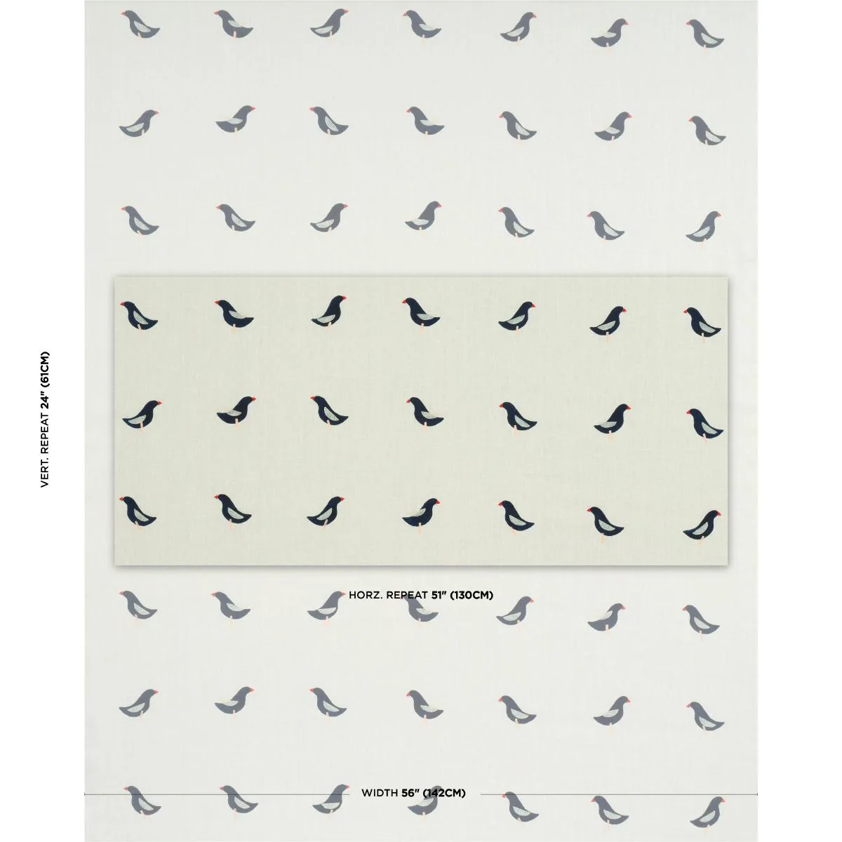 Schumacher 182380 Birds Hand Block Print Black On Natural fabric swatch