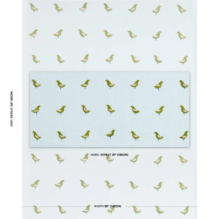 Schumacher 182381 Birds Hand Block Print Green On Sky fabric swatch