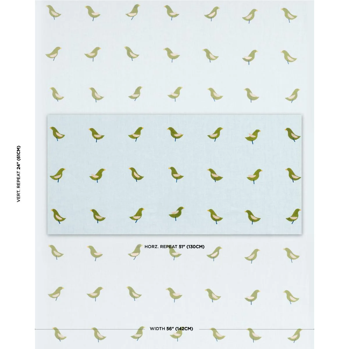 Schumacher 182381 Birds Hand Block Print Green On Sky fabric swatch
