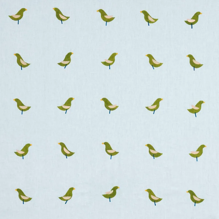 Schumacher 182381 Birds Hand Block Print Green On Sky fabric swatch