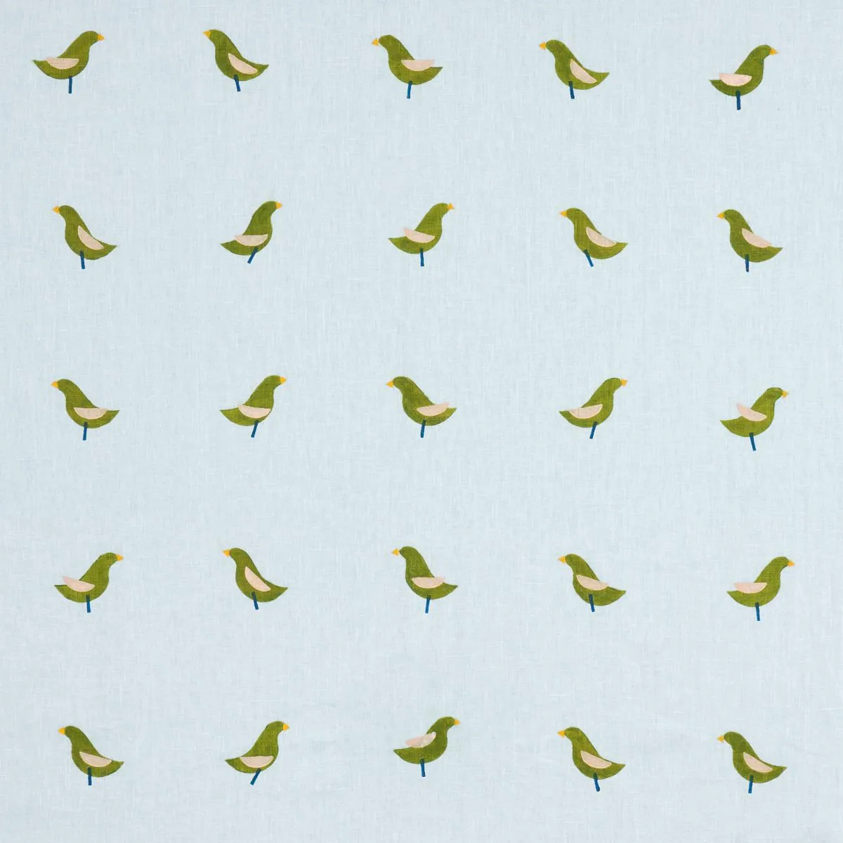 Schumacher 182381 Birds Hand Block Print Green On Sky fabric swatch