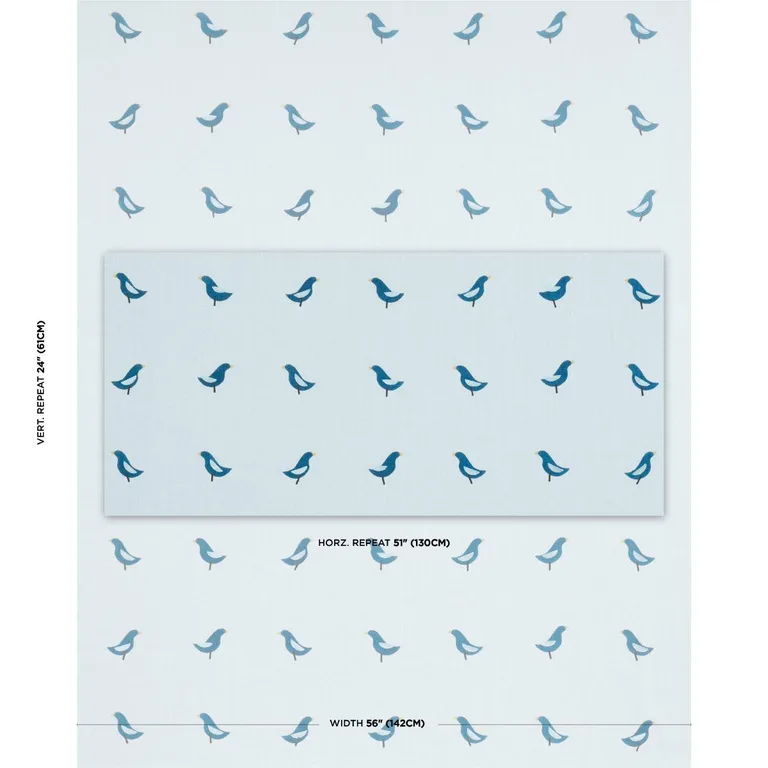 Schumacher 182382 Birds Hand Block Print Navy On Sky fabric swatch