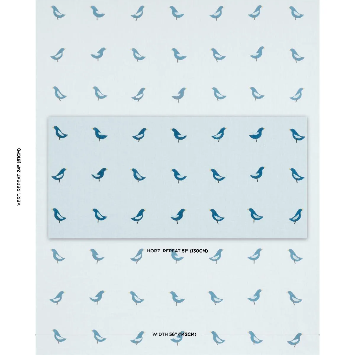 Schumacher 182382 Birds Hand Block Print Navy On Sky fabric swatch