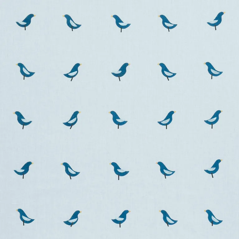 Schumacher 182382 Birds Hand Block Print Navy On Sky fabric swatch