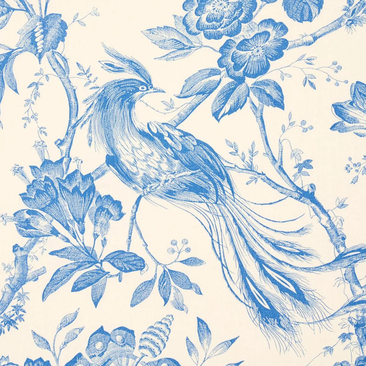 Schumacher 1048044 Birds Of Paradise Blue fabric swatch