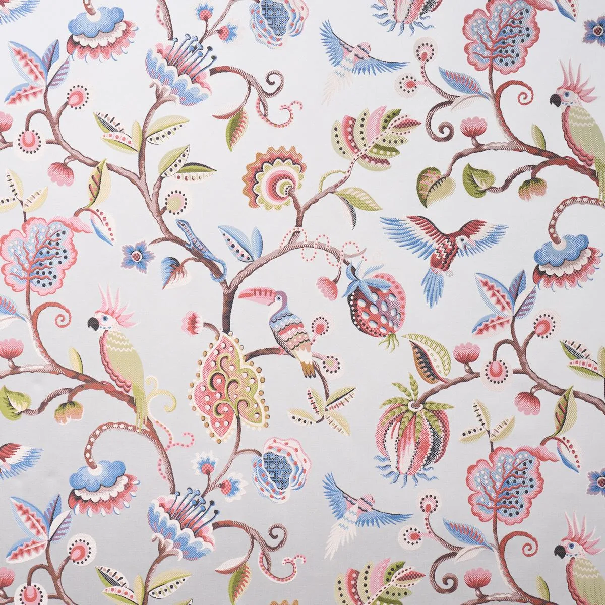 Schumacher 85112 Birds Of Paradise Woven Mist fabric swatch