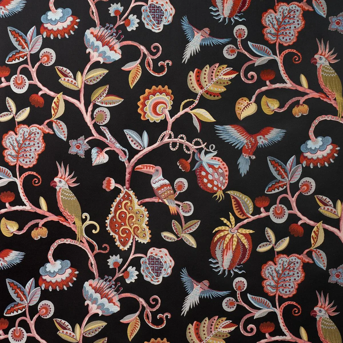 Schumacher 85110 Birds Of Paradise Woven Noir fabric swatch