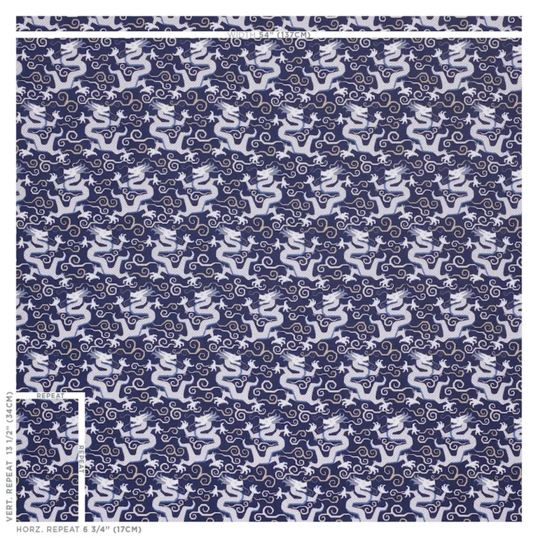 Schumacher 179000 Bixi Dragon Blue fabric swatch