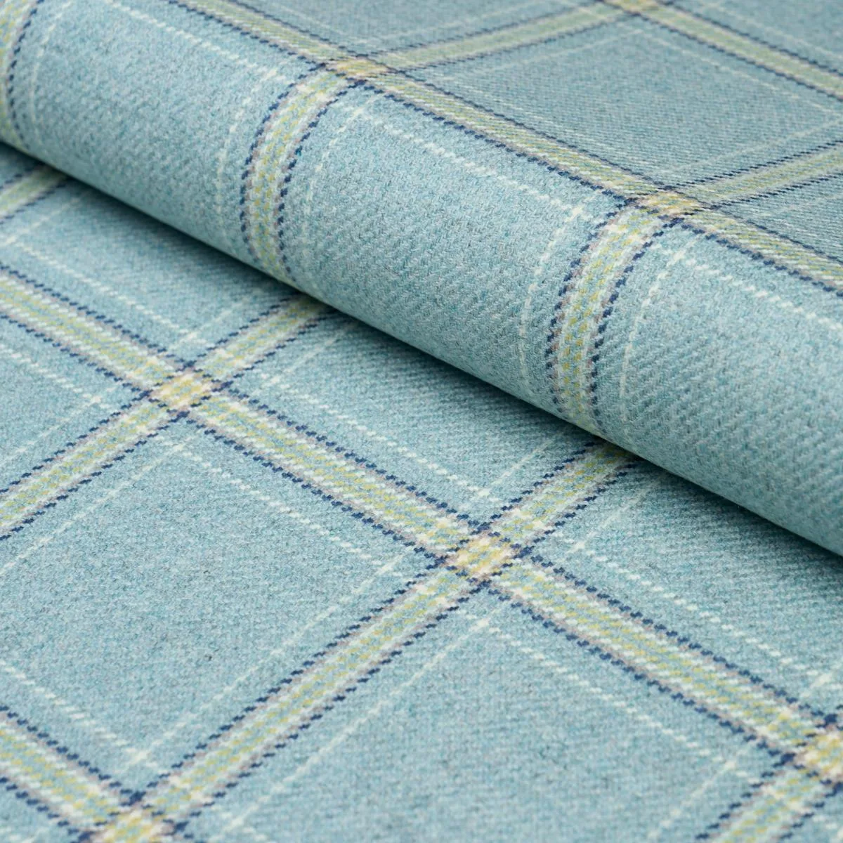 Schumacher 82347 Blackburn Merino Plaid Robin's Egg fabric swatch