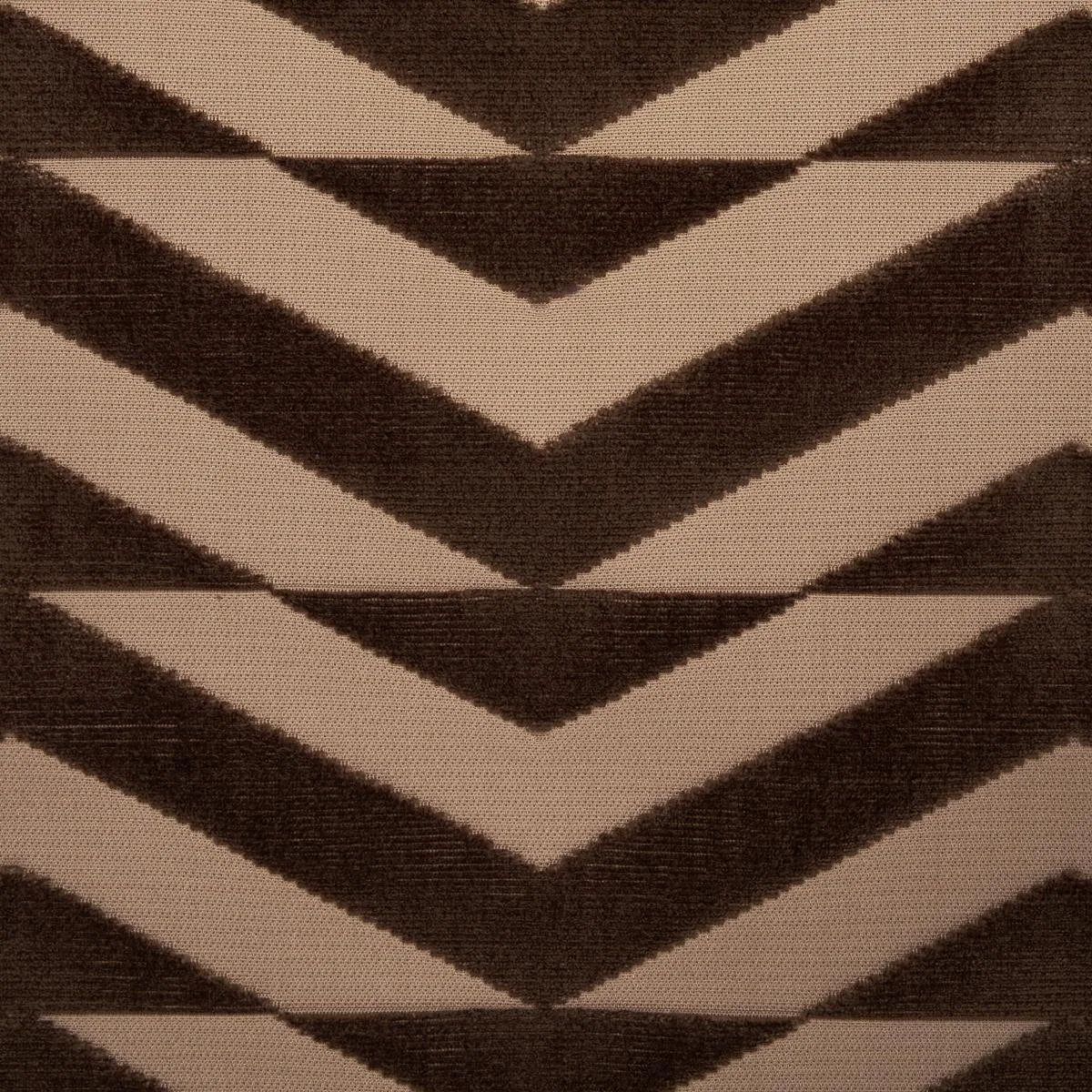 Schumacher 81811 Broken Chevron Cut Velvet Brown On Camel fabric swatch