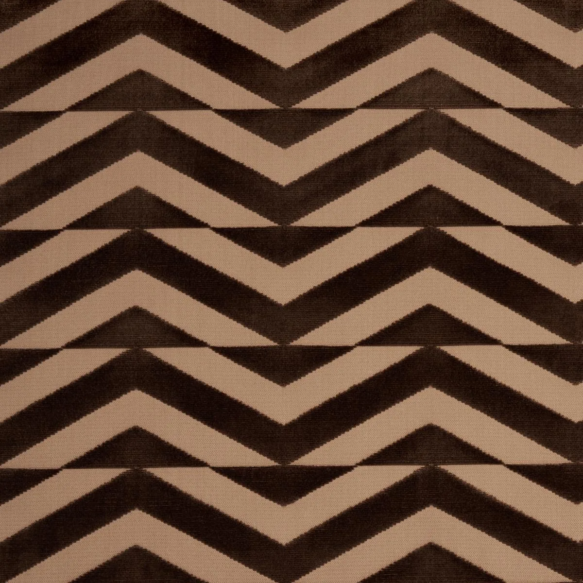 Schumacher 81811 Broken Chevron Cut Velvet Brown On Camel fabric swatch