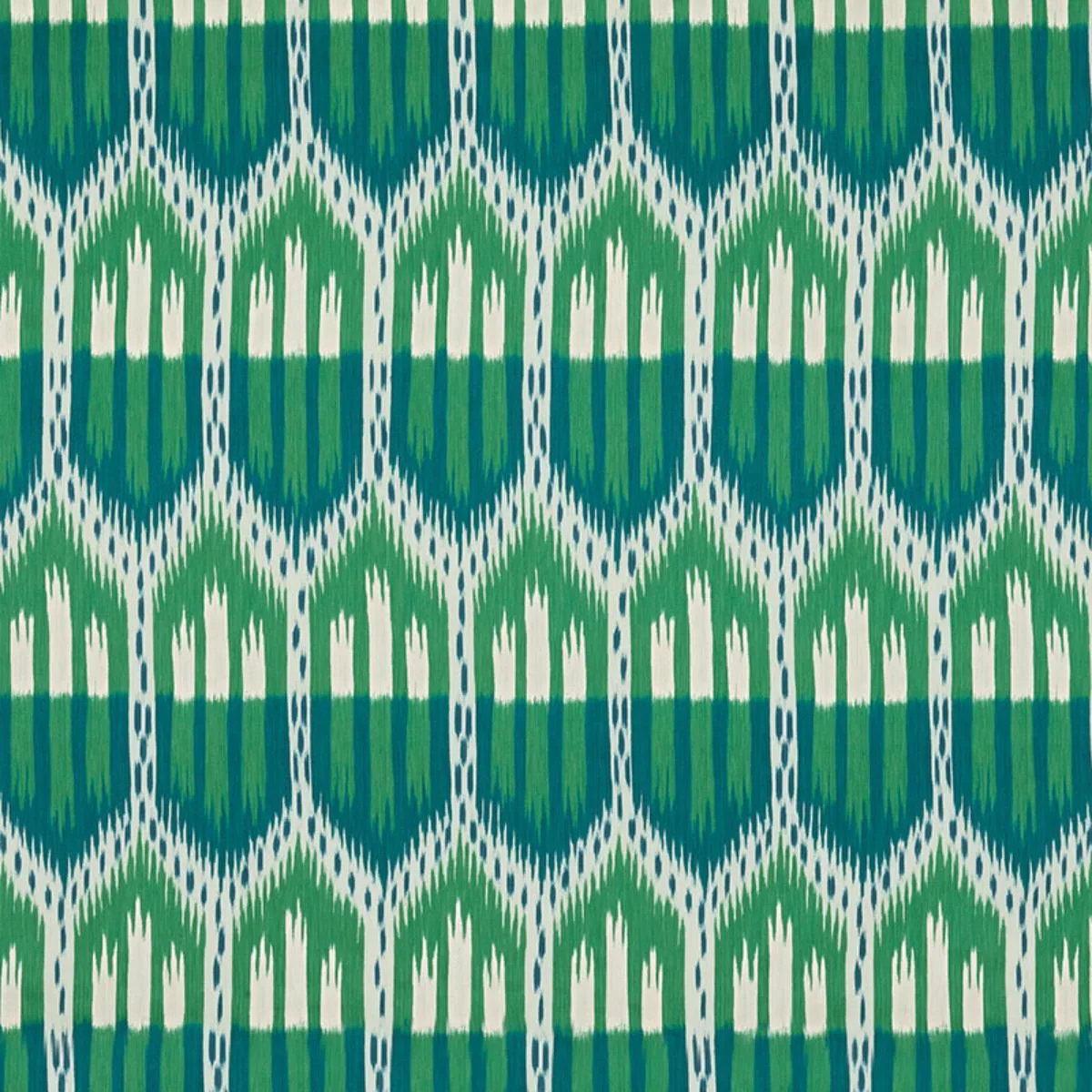 Schumacher 176083 Bukhara Ikat Emerald & Peacock fabric swatch